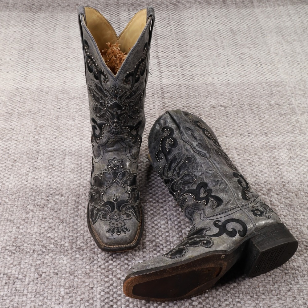 Corral A1130 Gray Leather Studded Embroidery Inlay Square Toe Boots Womens 8.5